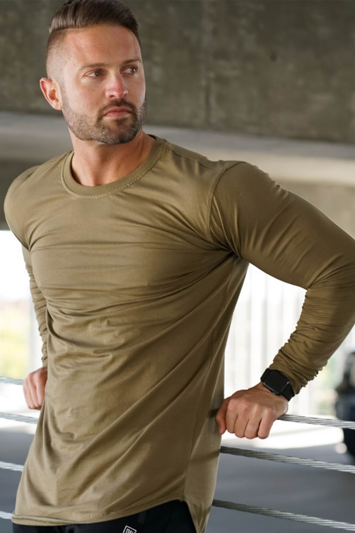 Curved Hem Long Sleeve Khaki Green